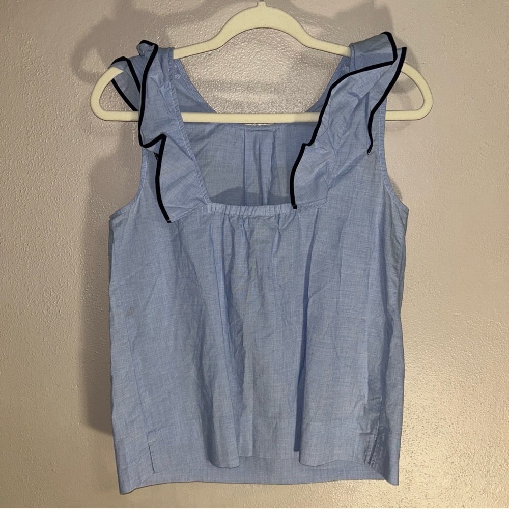 J. Crew Light Blue tank Top with ruffle Black Trim - Picture 2 of 3
